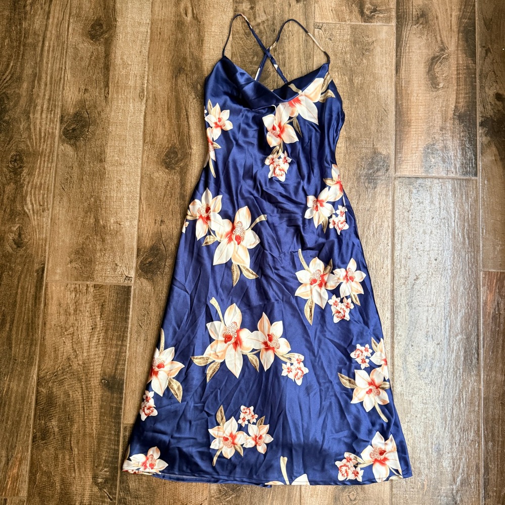 Baltic Born Womens Tropical Floral Cowl Neck Midi Slip Dress, Blue Coral, M